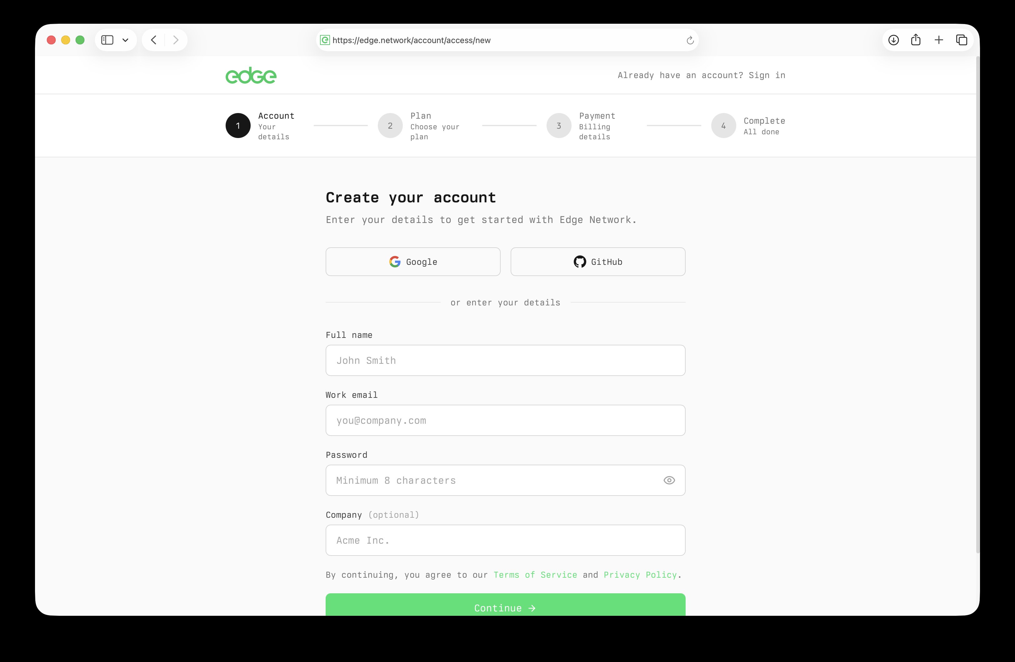 Edge signup form