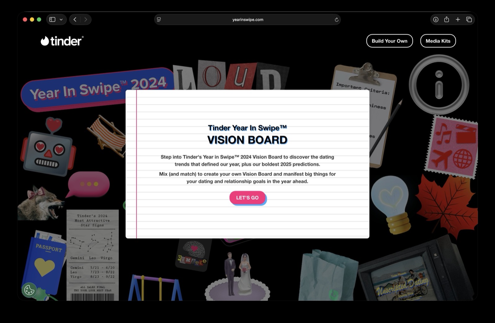 Tinder's Year in Swipe 2024 vision board site, delivered through Edge CDN